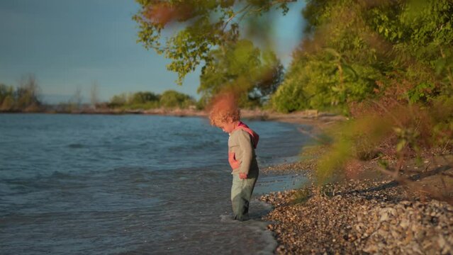 Little Boy Stands in the Water at the Beach and Watches Waves Come In, Then Walks Away