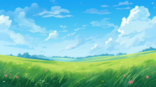 Summer fields, hills landscape, green grass, blue sky with clouds, flat style cartoon painting illustration. Generative AI.