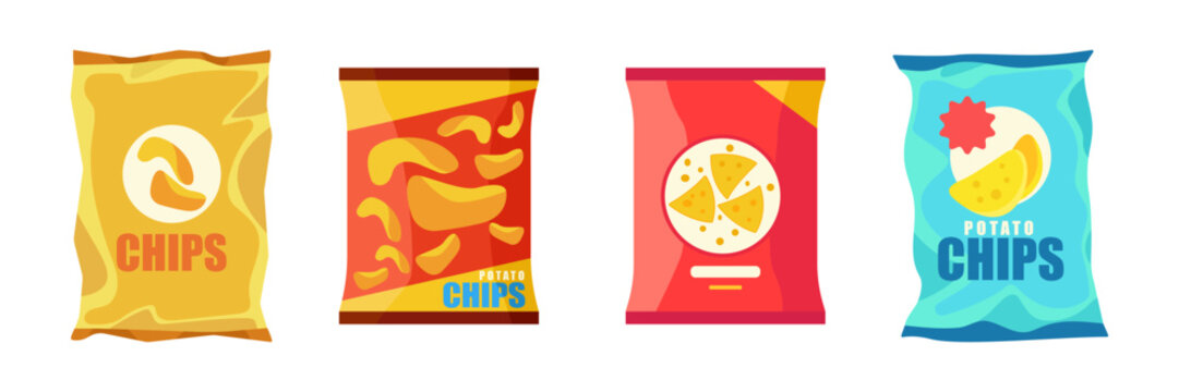 Set of colorful potato chips in cartoon style. Vector illustration of snacks with different sauces and flavors on white background