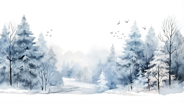 Watercolor winter pine tree forest background. Conifer spruce trees with falling snow. Nature landscape scene with trees and fog. Christmas themed design.