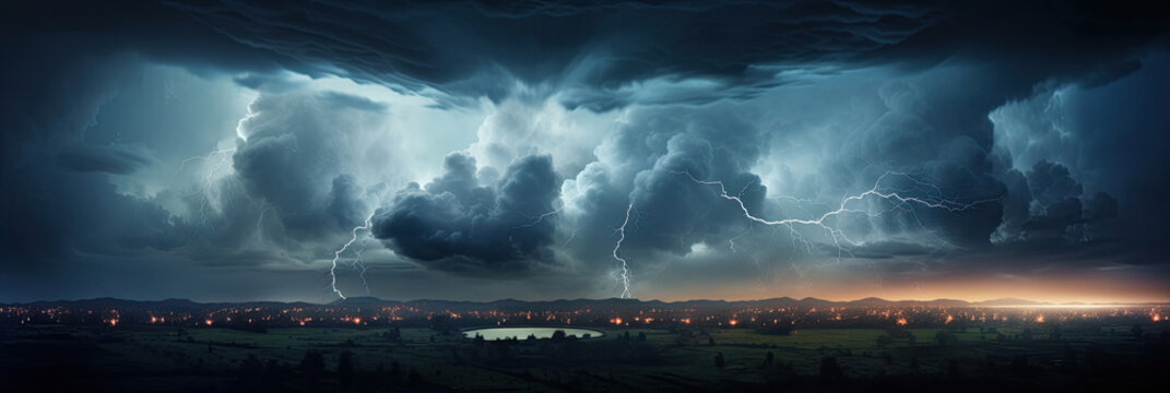 Panorama Dark cloud at night with thunder bolt. Heavy storm bringing thunder, lightnings and rain in summer.