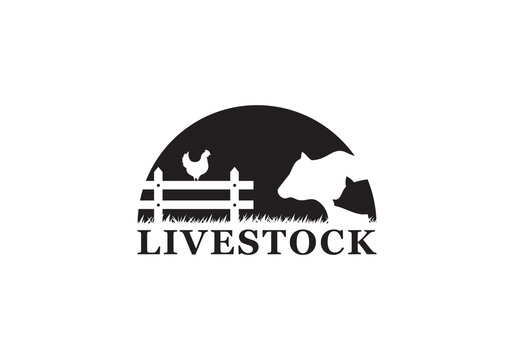 cow pig chicken farm logo vector icon illustration. classic design style