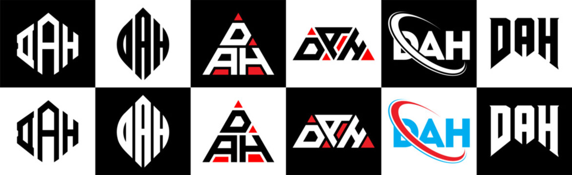 DAH letter logo design in six style. DAH polygon, circle, triangle, hexagon, flat and simple style with black and white color variation letter logo set in one artboard. DAH minimalist and classic logo