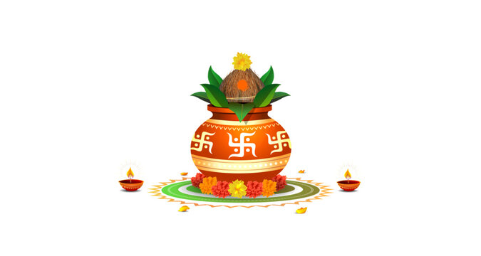 Vector illustration of Kalash puja. Kalash sthapana for Navratri, Ram Navami and Indian Hindu traditional puja. Isolated Design of decorated Kalash pot with coconut and flowers.