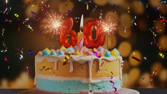 60th anniversary celebration, birthday cake with animated burning candles and fireworks. Colorful metallic confetti falling on bokeh background. 60th birthday cake