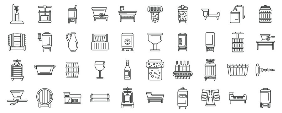 Wine production icons set outline vector. Winery agriculture. Industry process