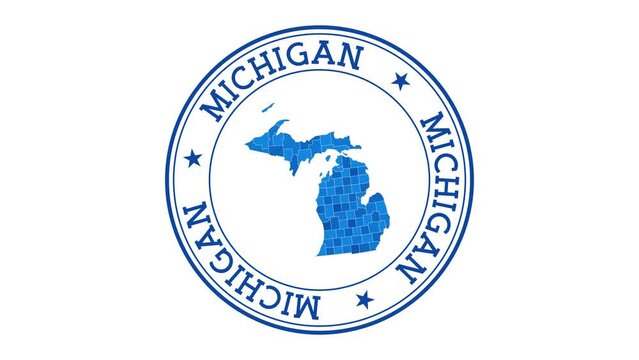 Michigan intro. Badge with the circular name and map of us state. Michigan round logo animation.