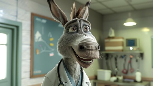 Hee-Haw Healer: Hyper-Realistic Donkey Doctor Radiates Care (Minimalist Hospital)