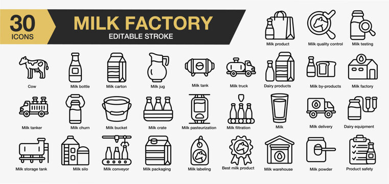 Set of 30 Milk factory icon set. Editable Stroke Icon Collection. Includes milk, farm, cow, machine, product, and More. Outline icons vector collection.