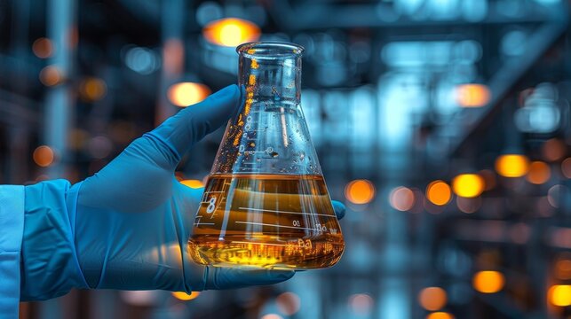 Close-up of a Flask with Golden Liquid in a Laboratory Setting