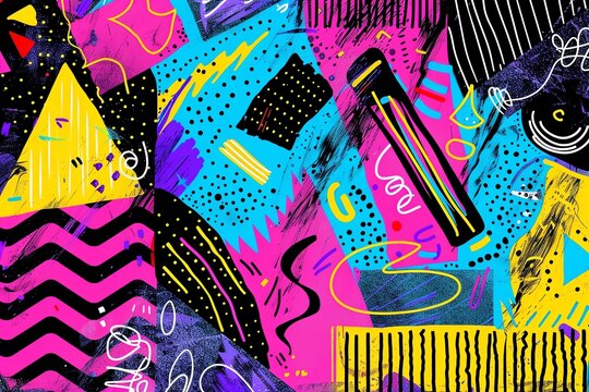 80s and 90s design, vibrant geometric shapes, bold colors, retro aesthetic, playful and abstract, dynamic patterns, neon hues, intricate details