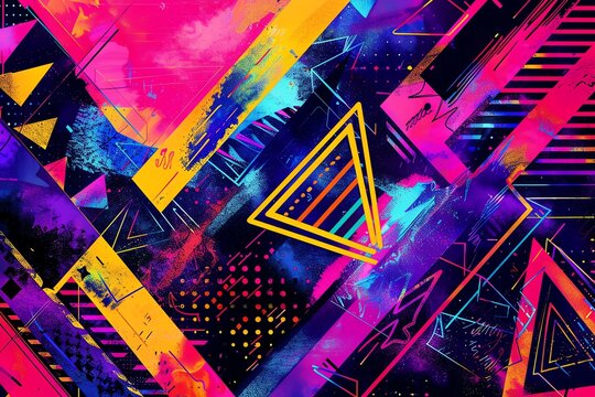 80s and 90s design, vibrant geometric shapes, bold colors, retro aesthetic, playful and abstract, dynamic patterns, neon hues, intricate details