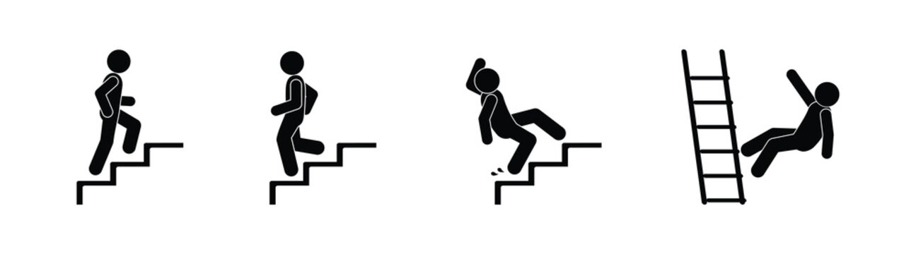 man and ladder icon, stick figure stickman, isolated vector symbol, warning sign falling from steps