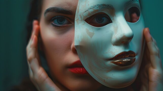 a woman looking nervous removing a mask of confidence, photo, 