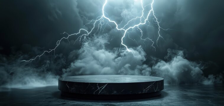 Dramatic black marble podium with storm clouds and lightning in background, dark and cinematic atmosphere, perfect for product display.