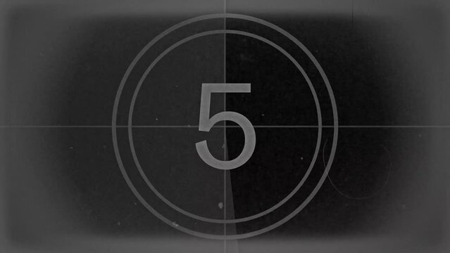 10 seconds vintage film countdown on white with vignette faded black background. Old retro wipe rolling effect. Scratches, details and noise. Dusty and grainy feel. 4K motion graphics.