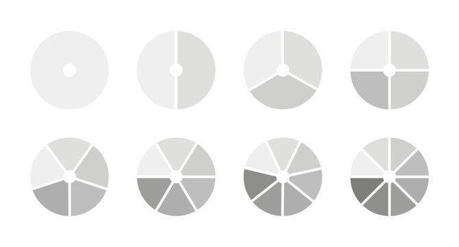 Pie chart set. Monochrome diagram with 1, 2, 3, 4, 5, 6, 7, 8 equal sections, steps. Circle icons for UI, web design, business presentation, infographic, statistic, analytics. Graphic illustration.