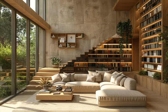 A modern living room with wooden bookshelves, sofa and stairs in the background. The walls are concrete, with glass windows overlooking nature outside. A cozy atmosphere with plants on the shelves.