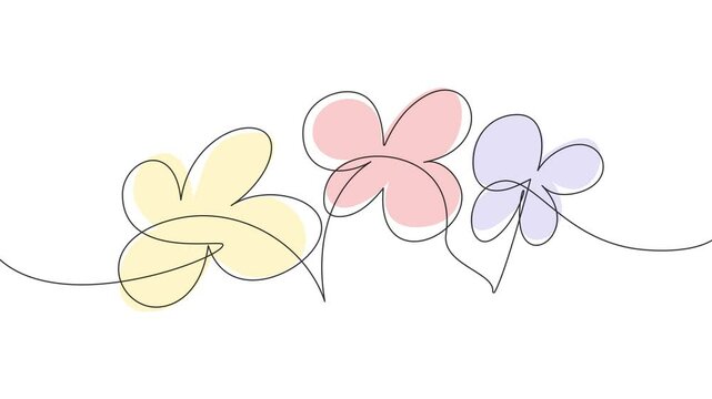 Flowers. Animated self drawing of continuous line art with pastel forms on white background.