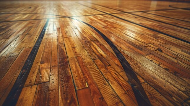 Wooden Floor with Lines of a Basketball Court