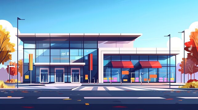 Modern Supermarket Building with Large Windows in Colorful Flat Illustration for Commercial Real Estate