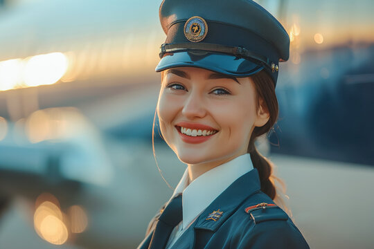 Woman pilot airplane captain, professional aviator in a hat, aircraft worker in a uniform, airline officer at work.