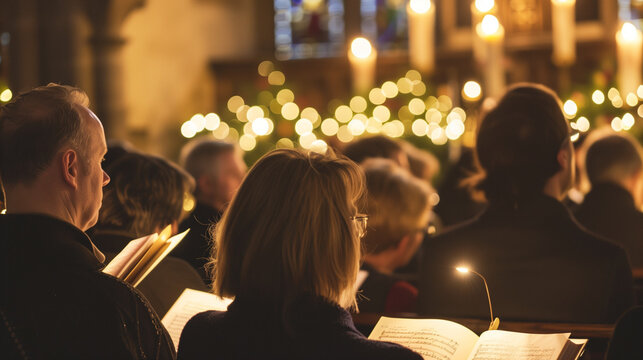 A crowd of people sing at a Christmas church carol service inside of a traditional English church. Subtle decorations and candles in the background.