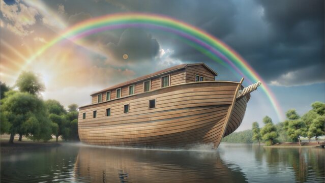 Noah's Ark, large wooden boat floating in the middle of a stormy ocean