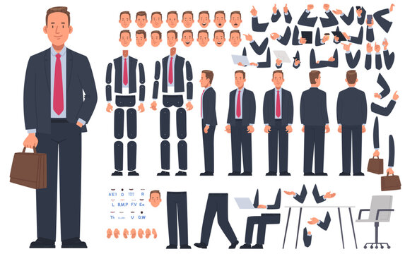 Businessman character constructor. Set of different positions of arms and legs for the animation of a businessman, DIY set. Vector illustration