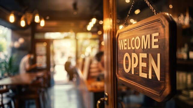 "Open" on cafe or restaurant hang on door at entrance., welcome we are open wooden board hanging in front of glass door window of store cafe shop.