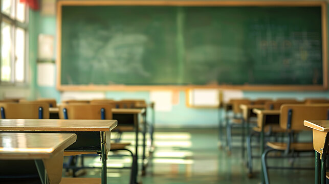 Blurred empty classroom in an elementary school or high school with desks and chairs