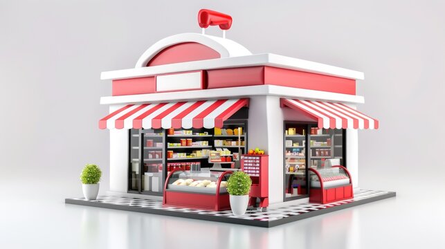 3d isometric shopping store and food shop isolated in white background