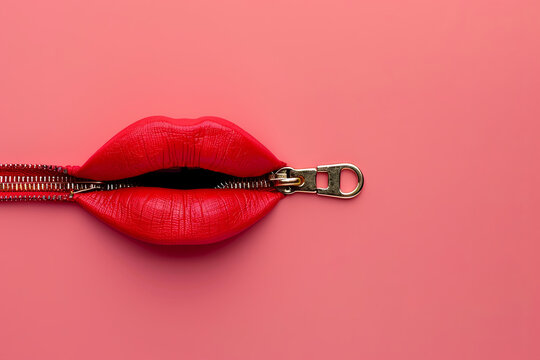 Red zipper mouth on a pink background, communication and women's issues concept