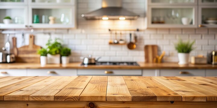 Wooden table on blurred kitchen bench background. Empty wooden table and blurred kitchen background