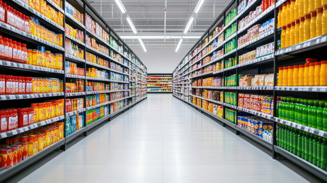 A bright supermarket aisle filled with colorful beverage bottles on shelves, creating an inviting shopping experience.