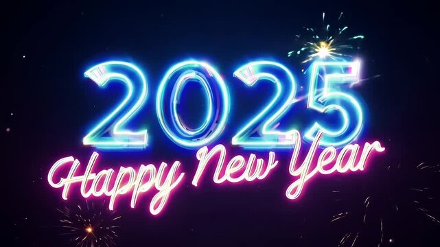 "2025" happy new year animated text, new year 2025, neon numbers, night sky. Fireworks in the background. glowing, exploding, numbers, holidays, anniversary, countdown, happy new year, text, calendar