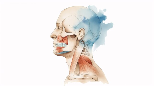 Human Anatomy:  Head, Skull, Muscles, Watercolor, Illustration, Profile, Side View,  Medical, Science, Healthcare, Education, Anatomy Illustration, Anatomy Study,  Human Anatomy Illustration, Anatomy 