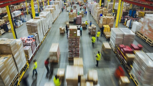 Busy warehouse interior with workers moving pallets and goods, showcasing logistics and inventory management in a large distribution center.