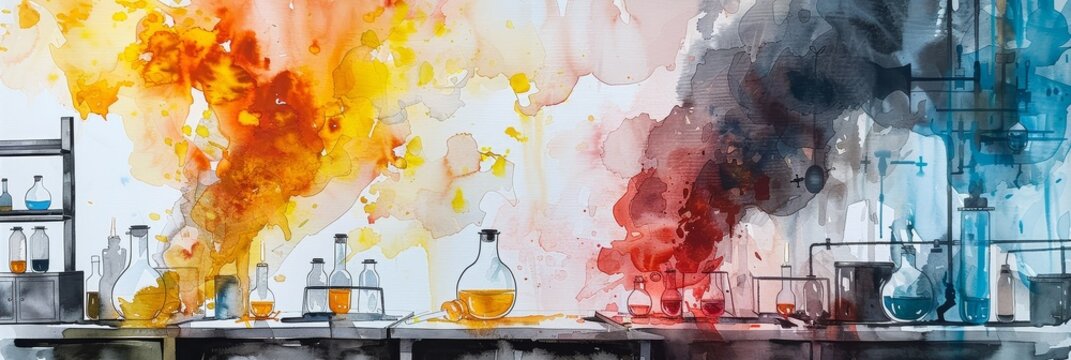 A watercolor painting depicting a laboratory scene with colorful smoke billowing from beakers, representing scientific discovery, innovation, and experimentation.