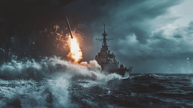 Naval Destroyer Launches Missile: Dramatic Action Photo