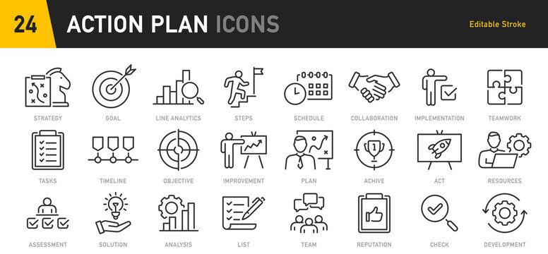 Action plan web icon set in line style. Schedule, plan, implementation, strategy, analysis, collaboration, check, collection. Vector illustration.