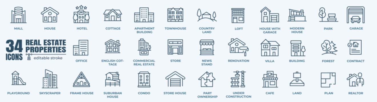 Real estate Properties line icons set. Urban architecture. State institutions, religious and cultural monuments.