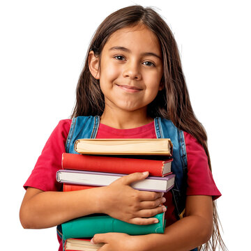 Portrait of a young schoolgirl carrying school books, isolated on a transparent background