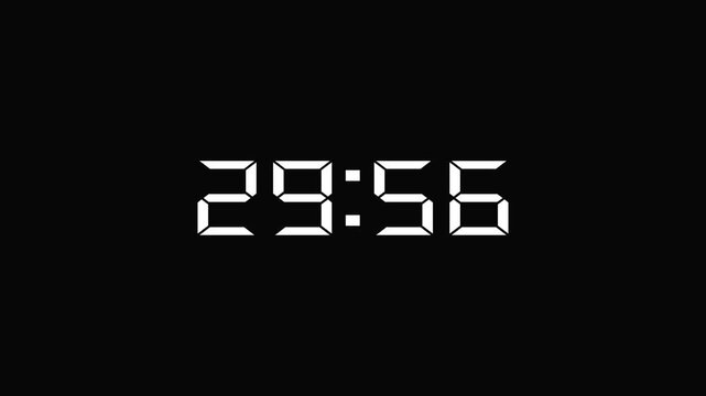 30 minutes countdown timer, digital clock on black