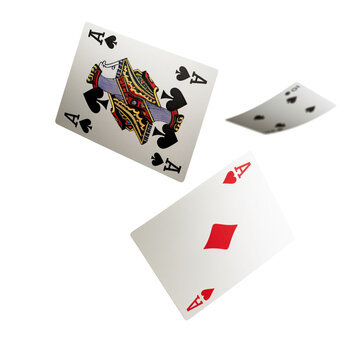 Three aces from a deck of cards flying mid-air, isolated on a  transparent background