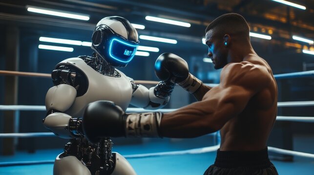 Boxer in a ring, sparring with a robotic opponent that adjusts difficulty based on performance, blending physical training with advanced technology.