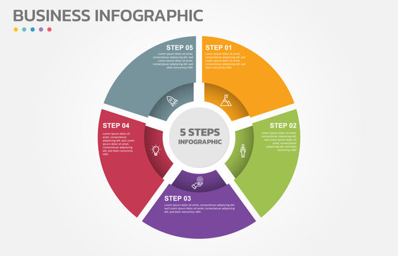 Visual data presentation. Cycle diagram with 5 options. Pie Chart Circle infographic template with 5 steps, options, parts, segments. Business concept. Editable pie chart with sectors. Single layer.