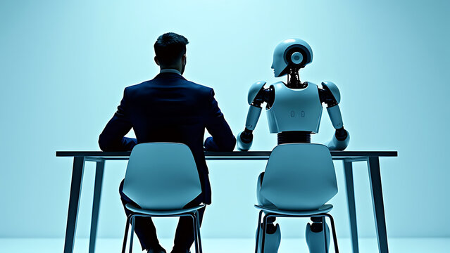 Rearview of the businessman in an elegant suit sitting in a chair next to the white robot cyborg in a studio. AI or artificial intelligence vs people, employment concept,working on a laptop