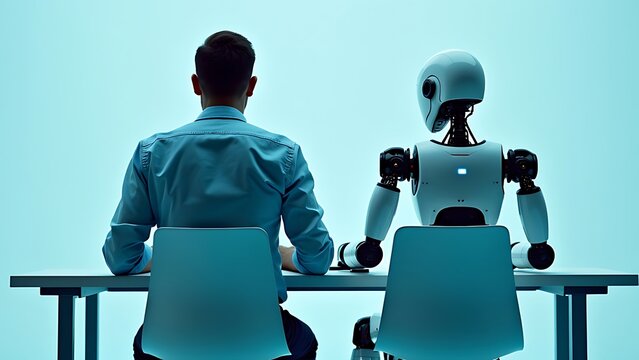 Rearview of the businessman in an elegant suit sitting in a chair next to the white robot cyborg in a studio. AI or artificial intelligence vs people, employment concept,working on a laptop