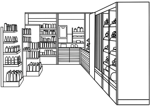 Grocery store shop interior black white graphic sketch illustration vector. Market